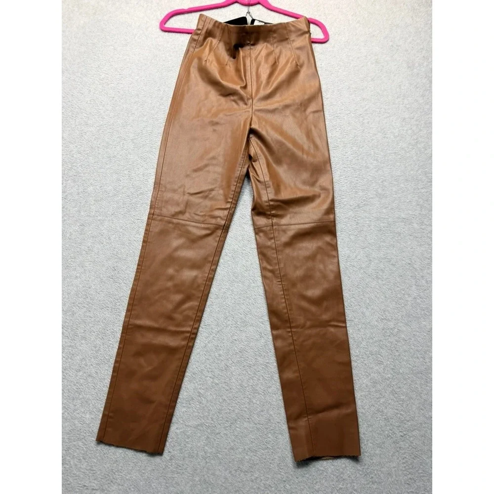 Zara Faux Leather High Rise Straight Leg Pants Cognac Brown Women Small